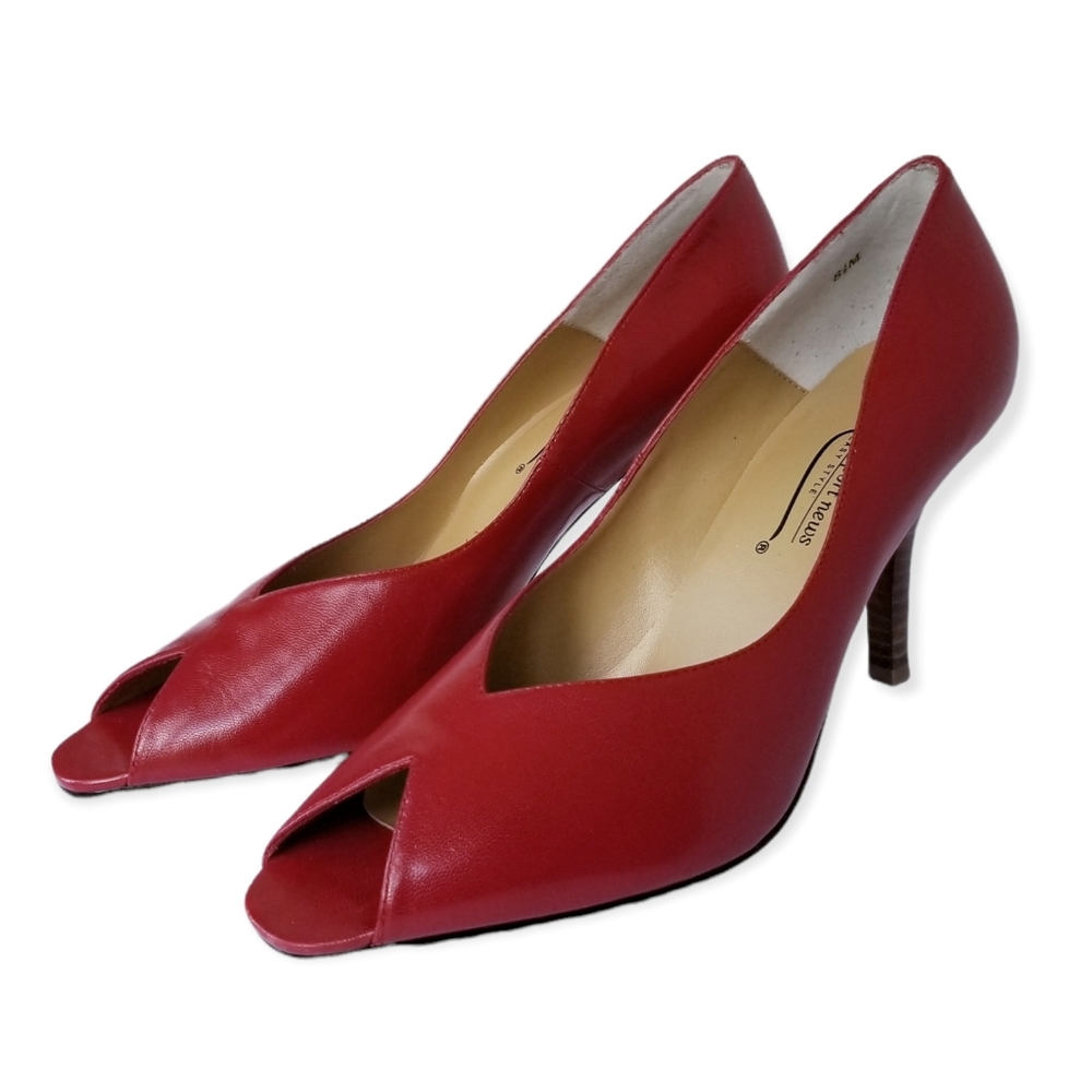 Newport News Red Leather Open Toe High Heel Shoes Woman's Size 8.5 - Picture 2 of 10